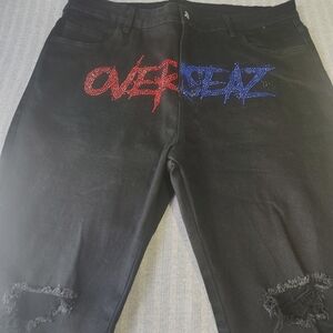Men's Black Jeans with Red and Blue Detailing